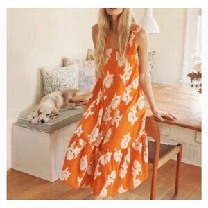 Exquise Phoebe Orange Embroidered Flounced Midi Dress Womens Size XSmall